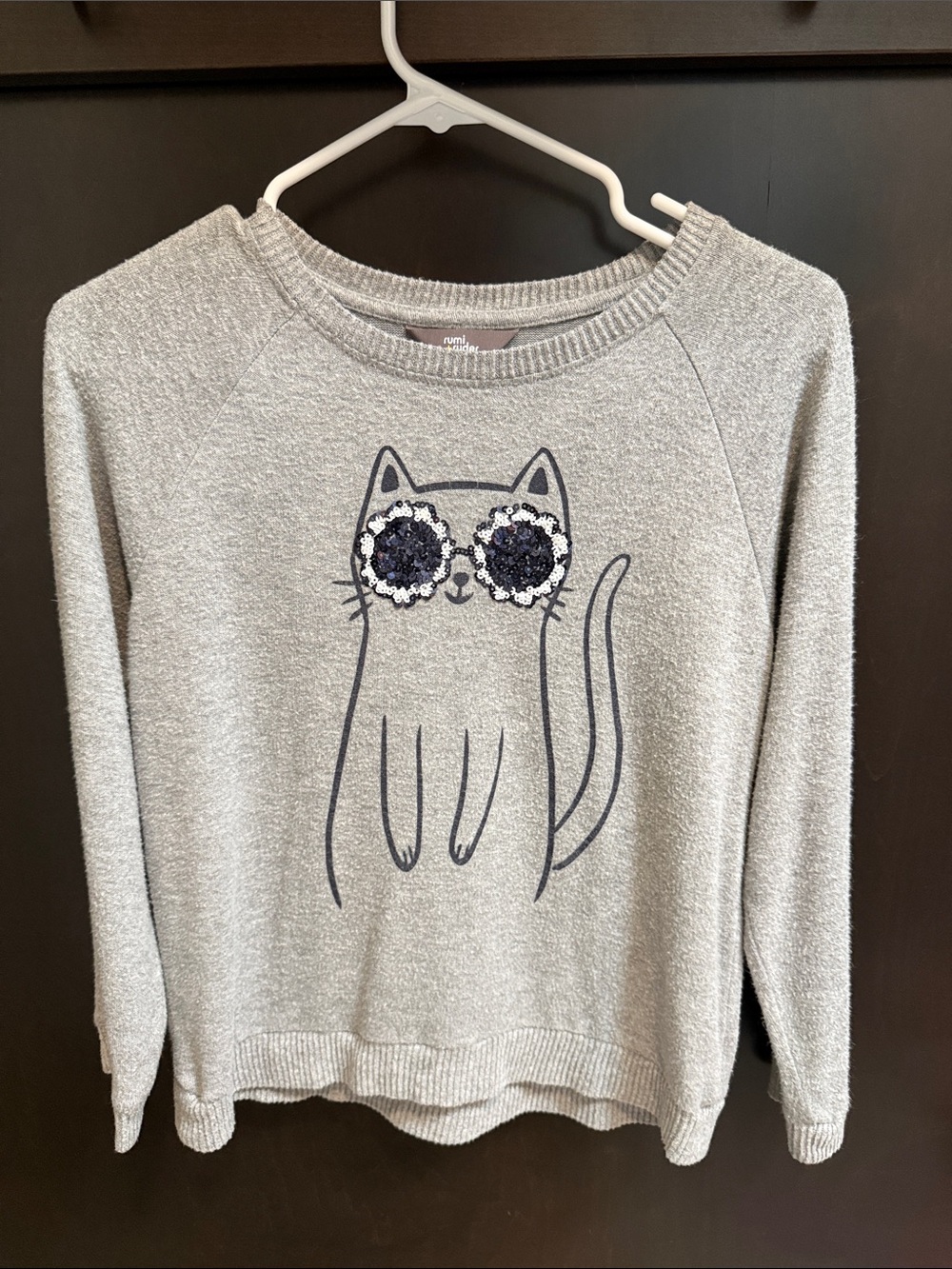 Girls' Gray Cat Sweater with Sequin Sunglasses